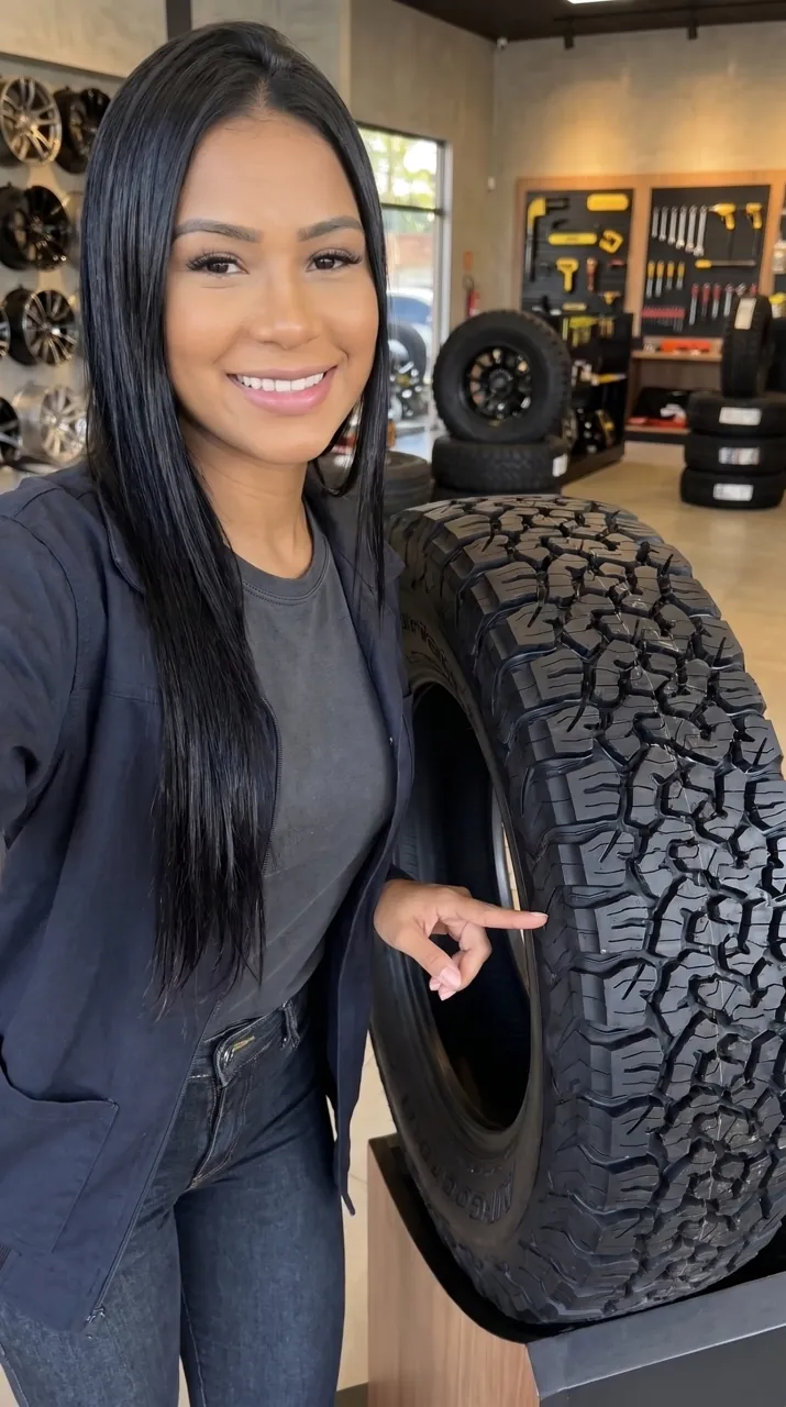 Presenter pointing at the tread of a BFGoodrich All-Terrain T/A KO3 tire on a display stand in a tire shop